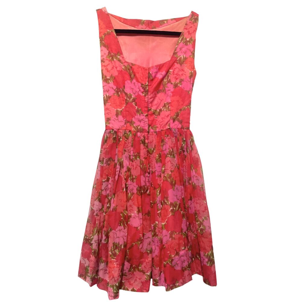Vintage 1950s Sleeveless Red Pink Floral Swing Dress - Picture 2 of 15